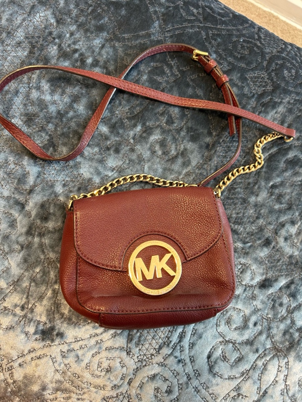 Michael Kors Maroon Pebbled Leather Crossbody with Gold MK Emblem